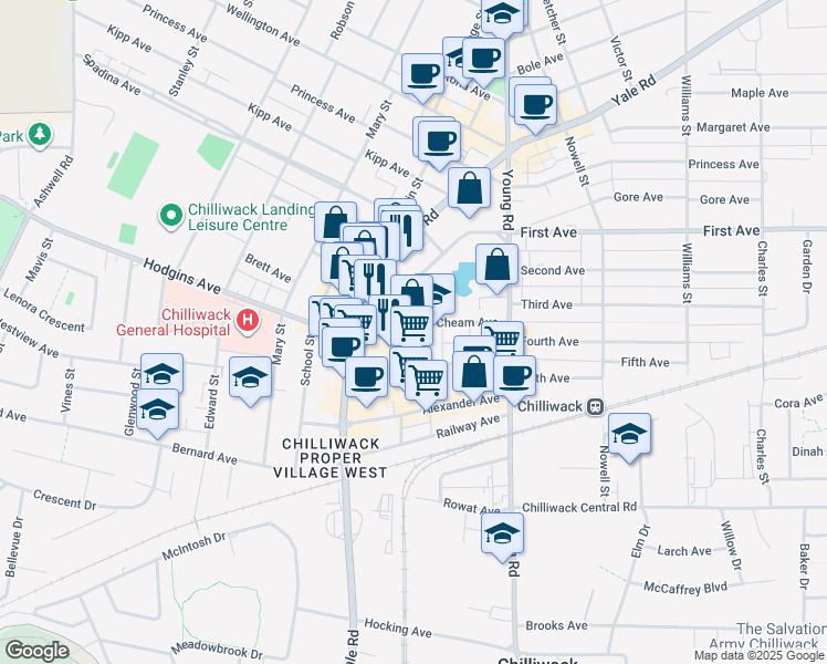 map of restaurants, bars, coffee shops, grocery stores, and more near 45840 Cheam Avenue in Chilliwack