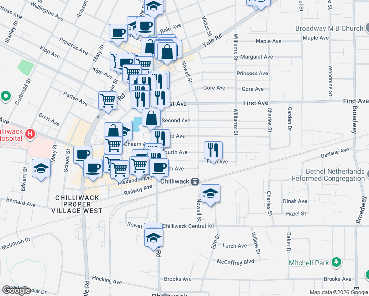 map of restaurants, bars, coffee shops, grocery stores, and more near 46057 Fourth Avenue in Chilliwack