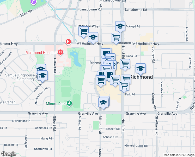 map of restaurants, bars, coffee shops, grocery stores, and more near 6300 Minoru Boulevard in Richmond