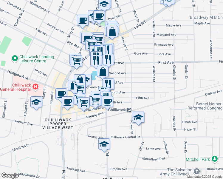 map of restaurants, bars, coffee shops, grocery stores, and more near 45991 Fourth Avenue in Chilliwack