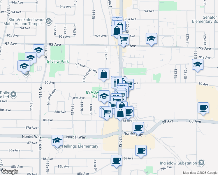 map of restaurants, bars, coffee shops, grocery stores, and more near 11950 90 Avenue in Delta