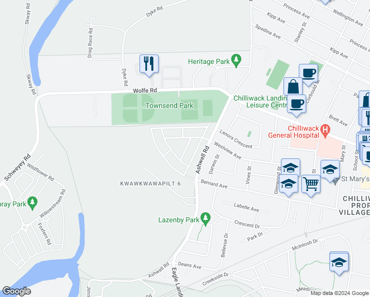map of restaurants, bars, coffee shops, grocery stores, and more near 9055 Ashwell Road in Chilliwack