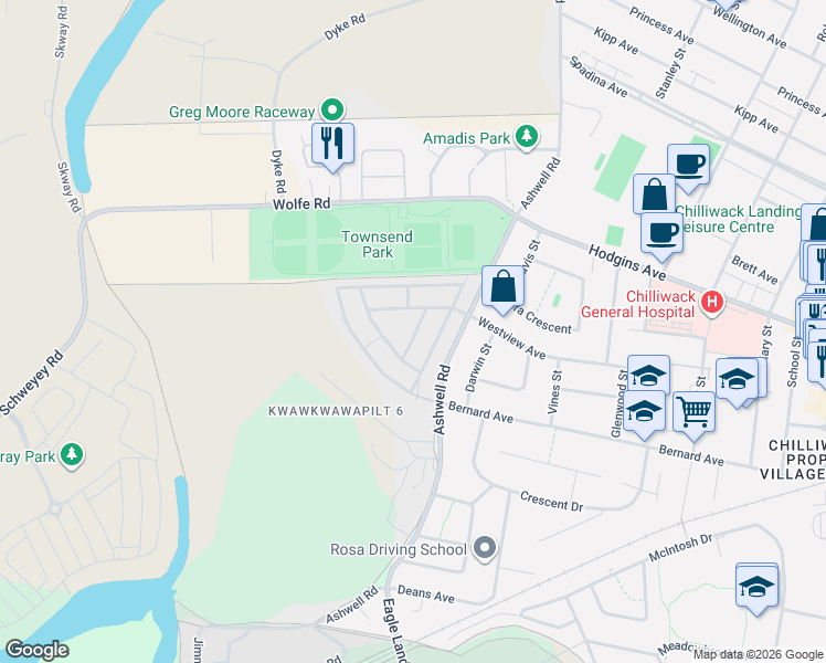 map of restaurants, bars, coffee shops, grocery stores, and more near 9055 Ashwell Road in Chilliwack
