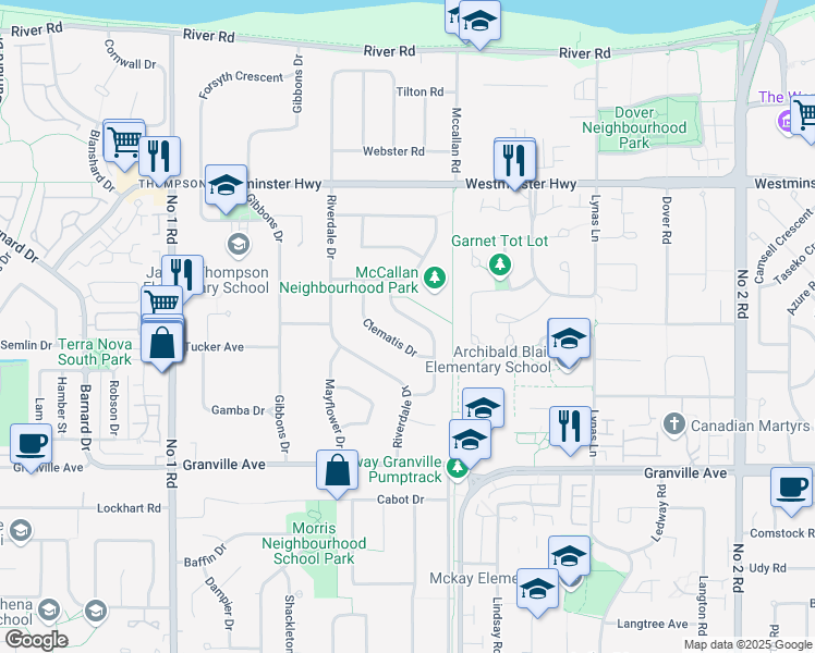 map of restaurants, bars, coffee shops, grocery stores, and more near 6471 Coltsfoot Drive in Richmond