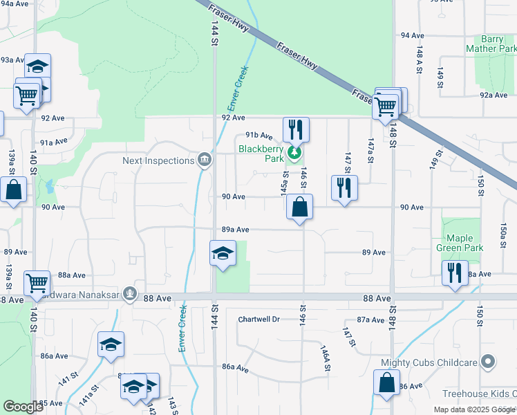 map of restaurants, bars, coffee shops, grocery stores, and more near 8985 145 Street in Surrey
