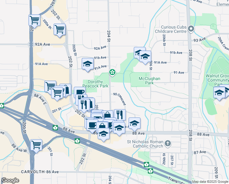 map of restaurants, bars, coffee shops, grocery stores, and more near 20423 90 Crescent in Langley Township