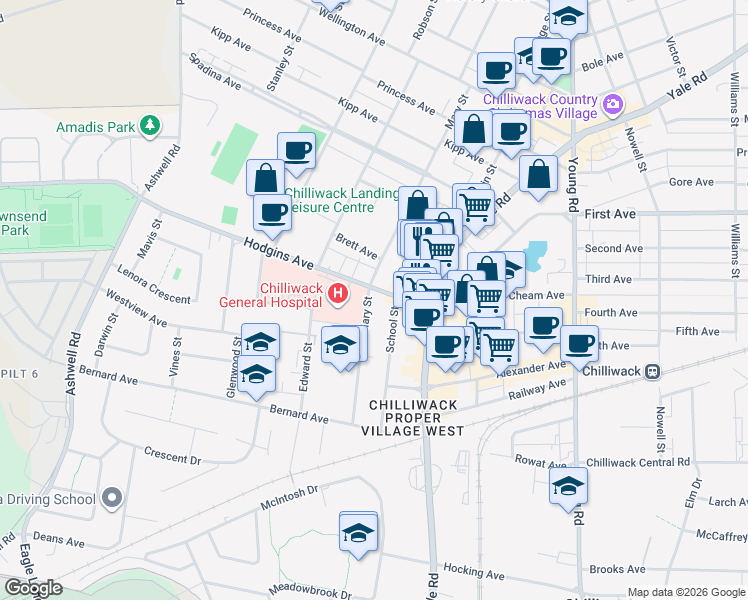 map of restaurants, bars, coffee shops, grocery stores, and more near 9050 Mary Street in Chilliwack