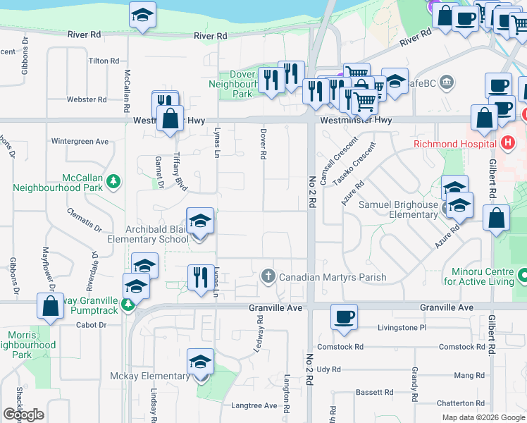 map of restaurants, bars, coffee shops, grocery stores, and more near Walton Road in Richmond