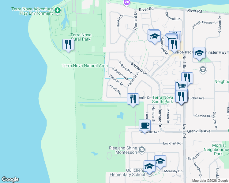map of restaurants, bars, coffee shops, grocery stores, and more near 3322 Point Avenue in Richmond