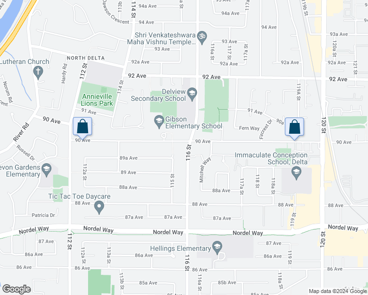 map of restaurants, bars, coffee shops, grocery stores, and more near 8975 116 Street in Delta