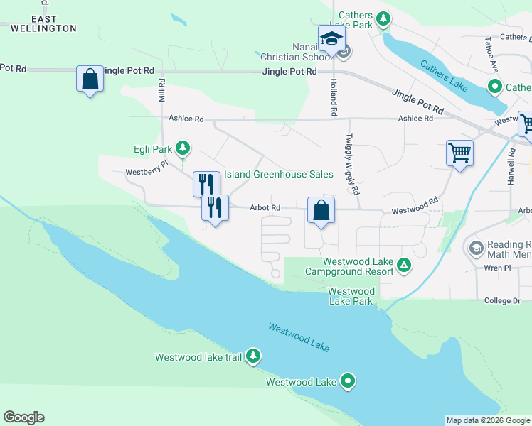 map of restaurants, bars, coffee shops, grocery stores, and more near 1100 Woss Lake Drive in Nanaimo