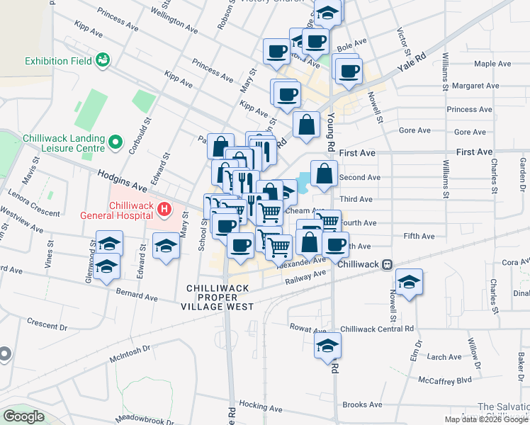 map of restaurants, bars, coffee shops, grocery stores, and more near 45840 Cheam Avenue in Chilliwack