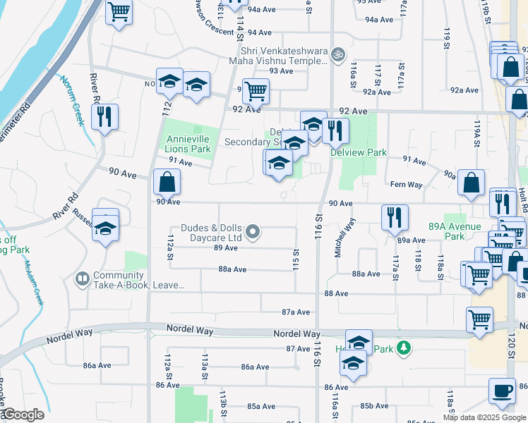 map of restaurants, bars, coffee shops, grocery stores, and more near 11458 90 Avenue in Delta