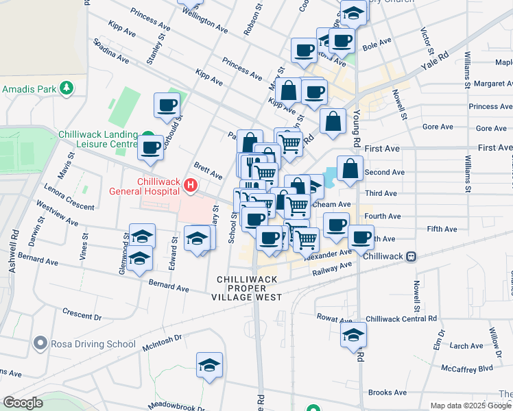 map of restaurants, bars, coffee shops, grocery stores, and more near 45883 Yale Road in Chilliwack