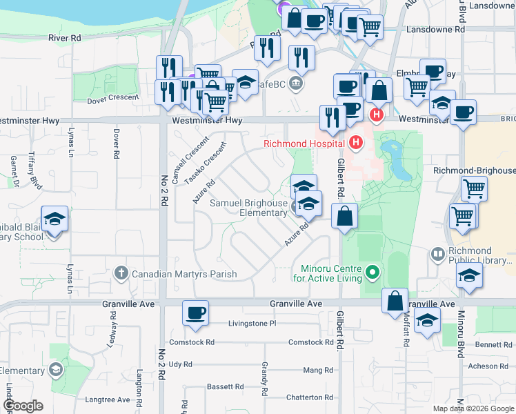map of restaurants, bars, coffee shops, grocery stores, and more near 6251 Nadine Crescent in Richmond
