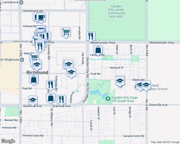map of restaurants, bars, coffee shops, grocery stores, and more near 706 - 9019 Cook Road in Richmond