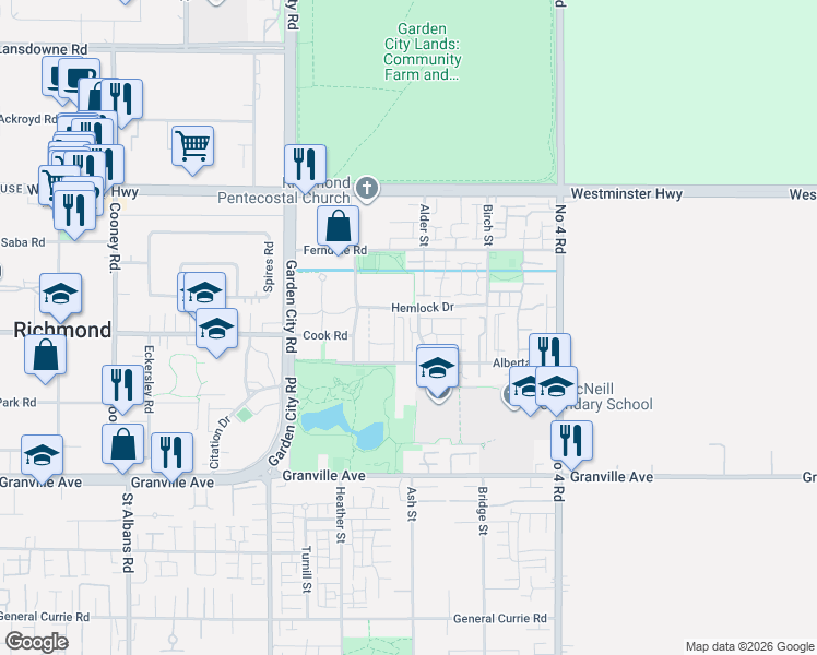 map of restaurants, bars, coffee shops, grocery stores, and more near 6333 Alder Street in Richmond