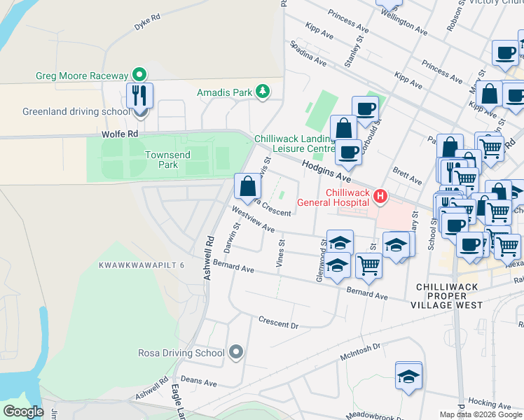 map of restaurants, bars, coffee shops, grocery stores, and more near 45268 Lenora Crescent in Chilliwack
