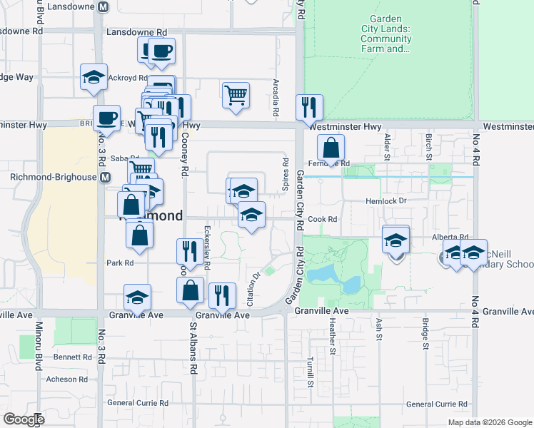 map of restaurants, bars, coffee shops, grocery stores, and more near in Richmond