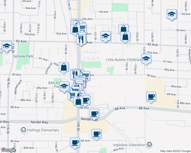 map of restaurants, bars, coffee shops, grocery stores, and more near 12095 90 Avenue in Surrey