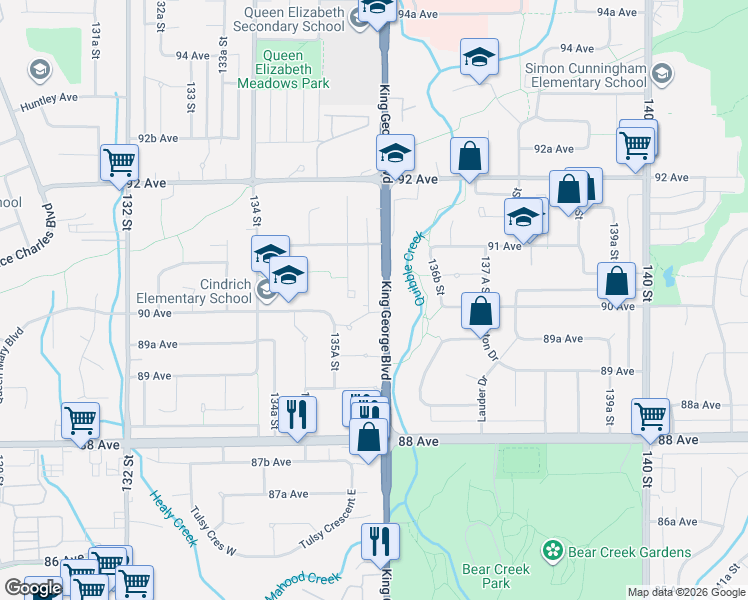 map of restaurants, bars, coffee shops, grocery stores, and more near 9011 King George Boulevard in Surrey