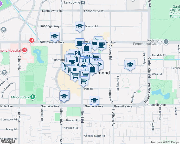 map of restaurants, bars, coffee shops, grocery stores, and more near 8133 Cook Road in Richmond