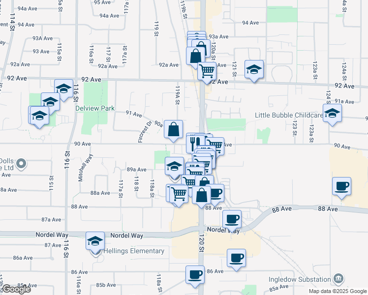 map of restaurants, bars, coffee shops, grocery stores, and more near 11936 90 Avenue in Delta