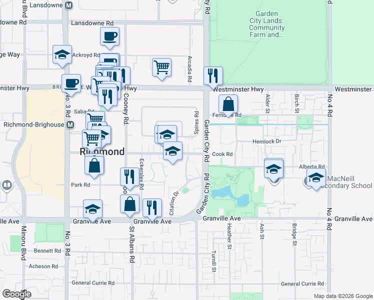 map of restaurants, bars, coffee shops, grocery stores, and more near 8751 Cook Road in Richmond