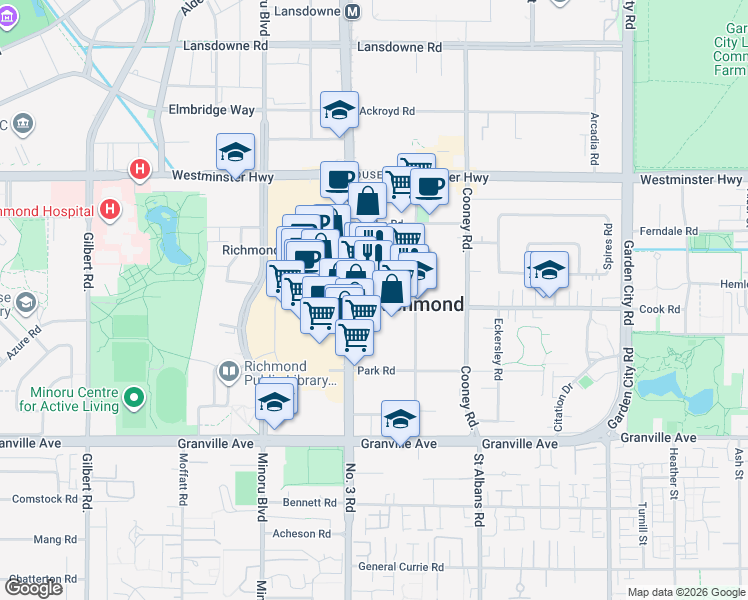 map of restaurants, bars, coffee shops, grocery stores, and more near 6388 Number 3 Road in Richmond