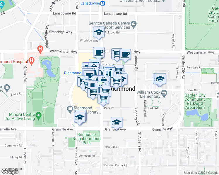 map of restaurants, bars, coffee shops, grocery stores, and more near 6386 Number 3 Road in Richmond
