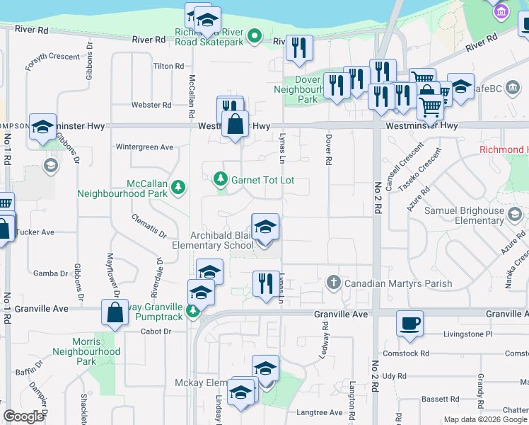 map of restaurants, bars, coffee shops, grocery stores, and more near 5379 Opal Place in Richmond
