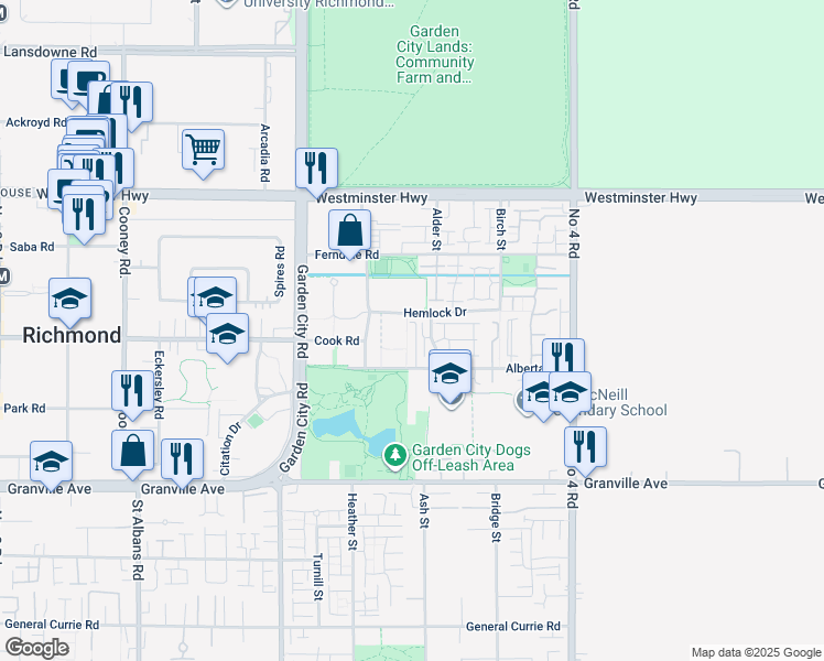map of restaurants, bars, coffee shops, grocery stores, and more near 9391 Alberta Road in Richmond