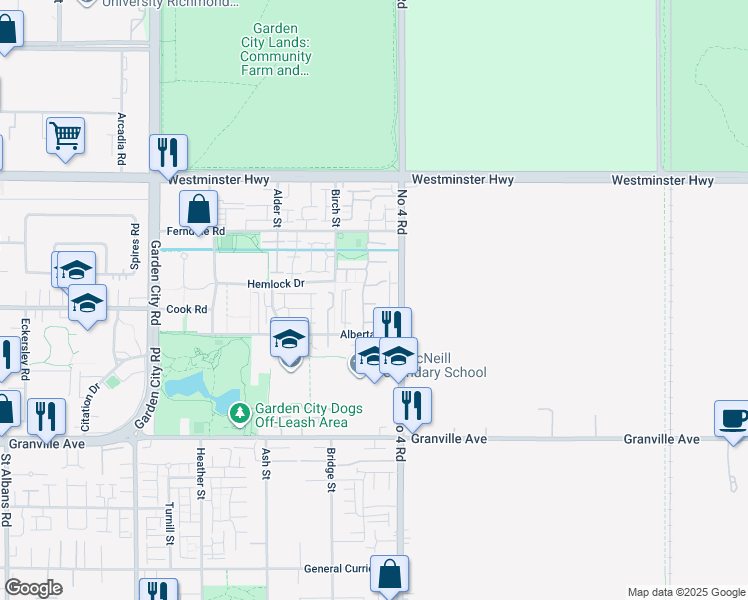 map of restaurants, bars, coffee shops, grocery stores, and more near 6300 Birch Street in Richmond
