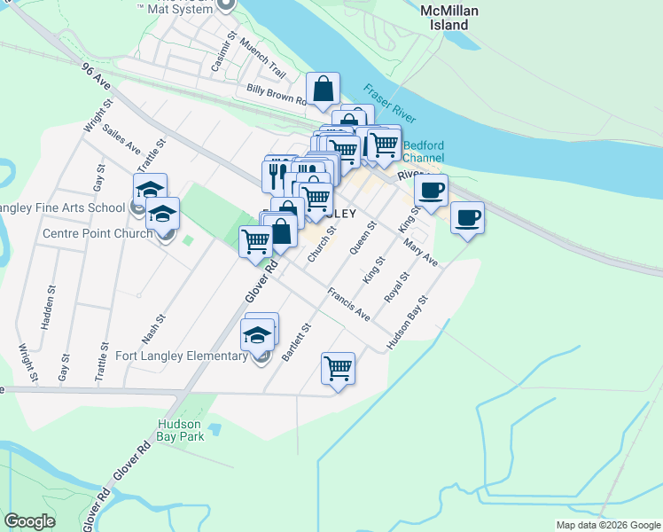 map of restaurants, bars, coffee shops, grocery stores, and more near 9033 Queen Street in Langley Township
