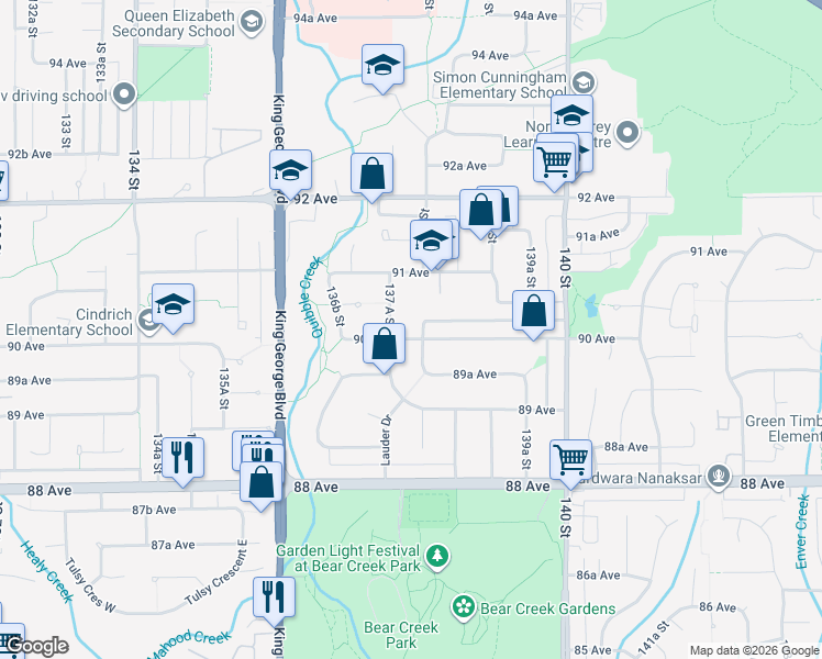 map of restaurants, bars, coffee shops, grocery stores, and more near 13779 90 Avenue in Surrey