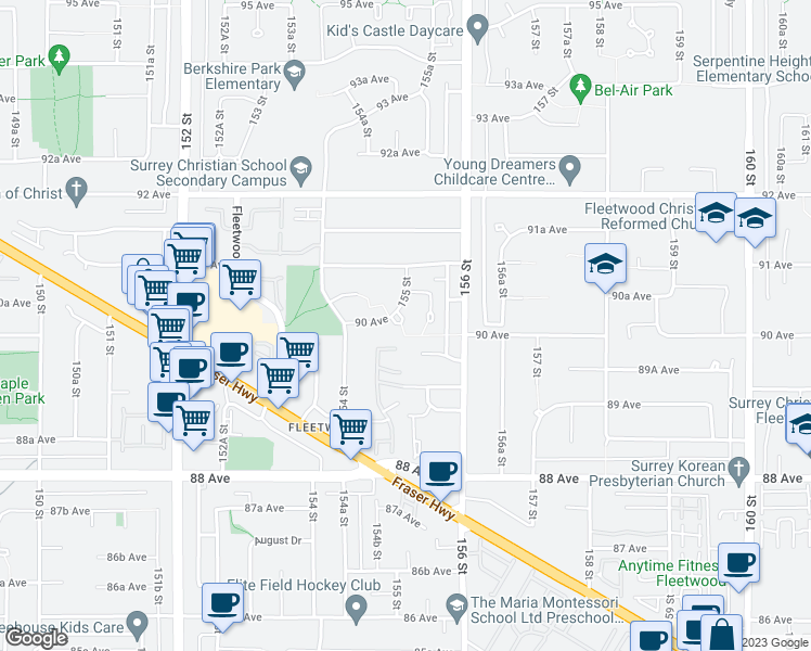 map of restaurants, bars, coffee shops, grocery stores, and more near 15470 90 Avenue in Surrey