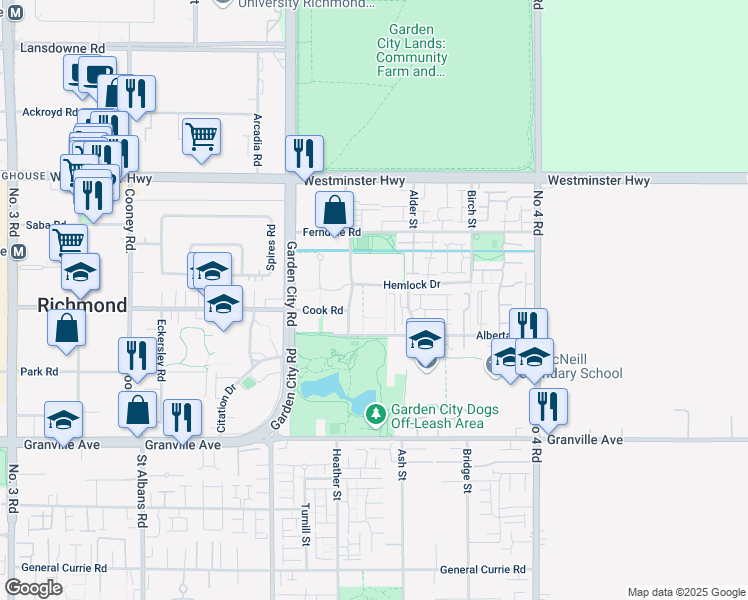 map of restaurants, bars, coffee shops, grocery stores, and more near 9339 Alberta Road in Richmond