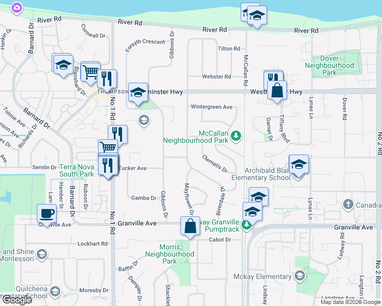 map of restaurants, bars, coffee shops, grocery stores, and more near 6400 Riverdale Drive in Richmond