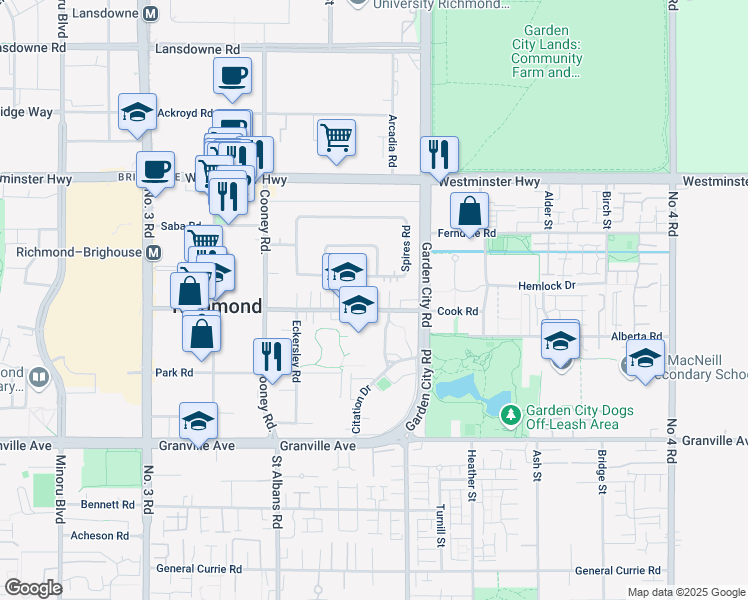 map of restaurants, bars, coffee shops, grocery stores, and more near 8691 Cook Road in Richmond