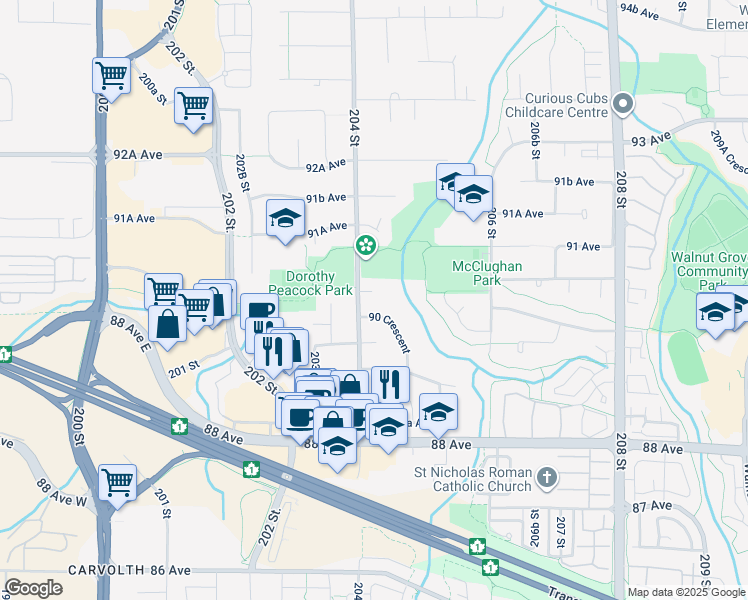 map of restaurants, bars, coffee shops, grocery stores, and more near 20418 90A Avenue in Langley