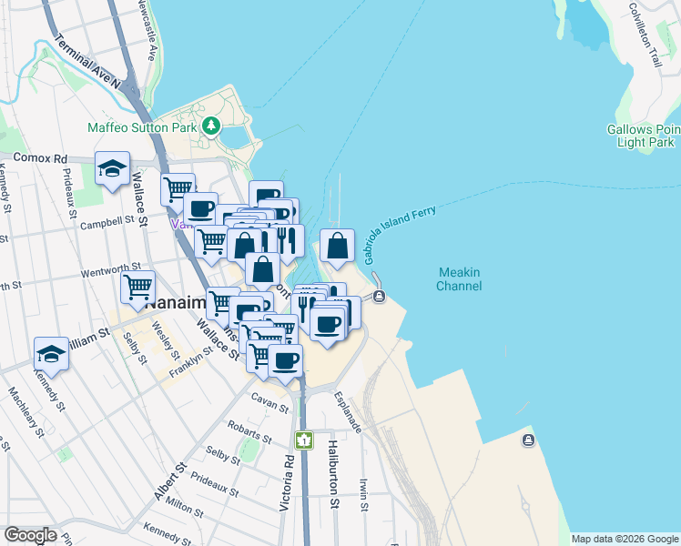 map of restaurants, bars, coffee shops, grocery stores, and more near 154 Promenade Drive in Nanaimo