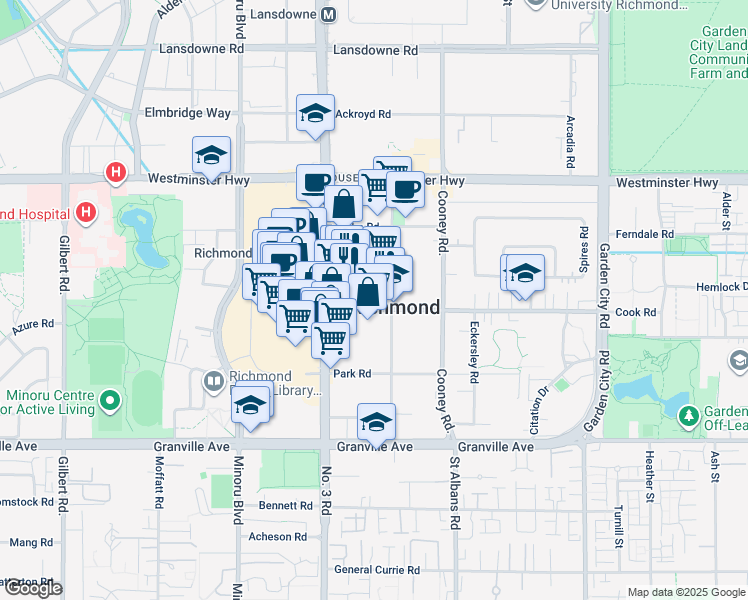 map of restaurants, bars, coffee shops, grocery stores, and more near in Richmond