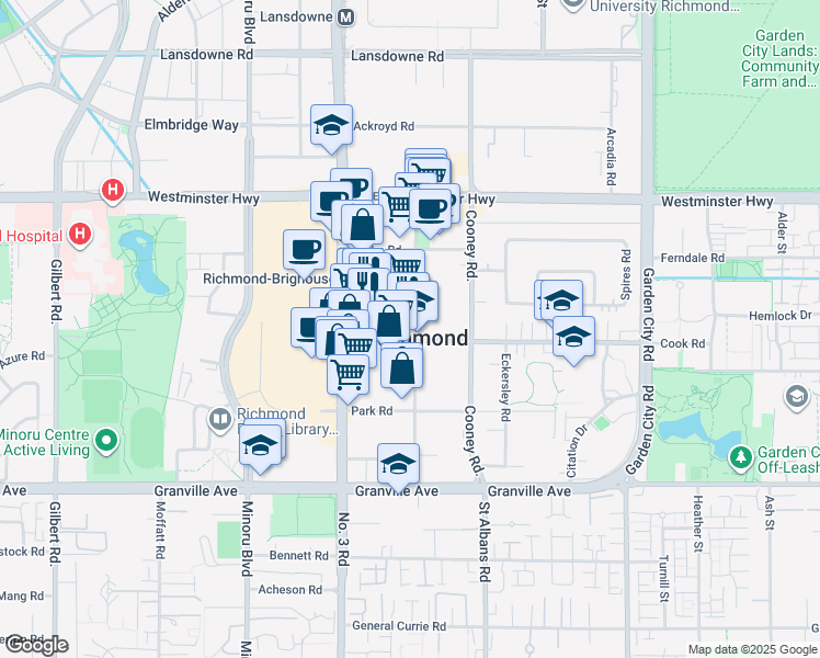 map of restaurants, bars, coffee shops, grocery stores, and more near 6451 Buswell Street in Richmond
