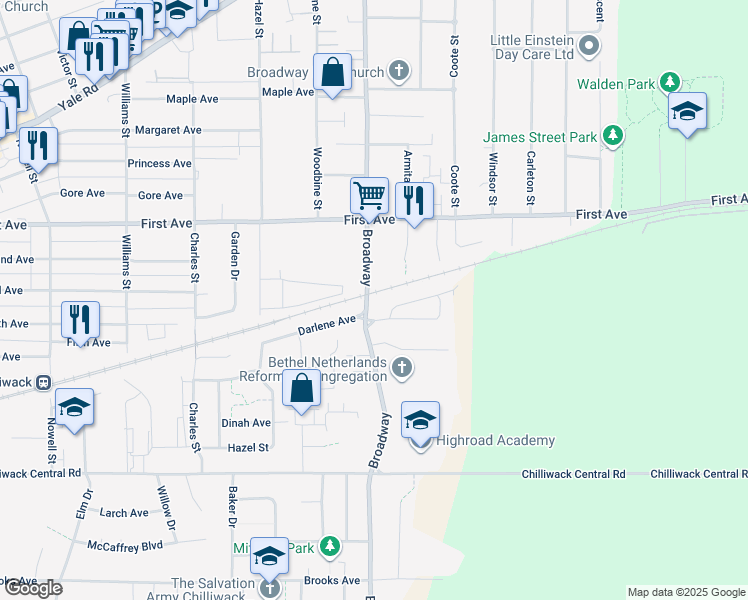 map of restaurants, bars, coffee shops, grocery stores, and more near 9046 Broadway in Chilliwack