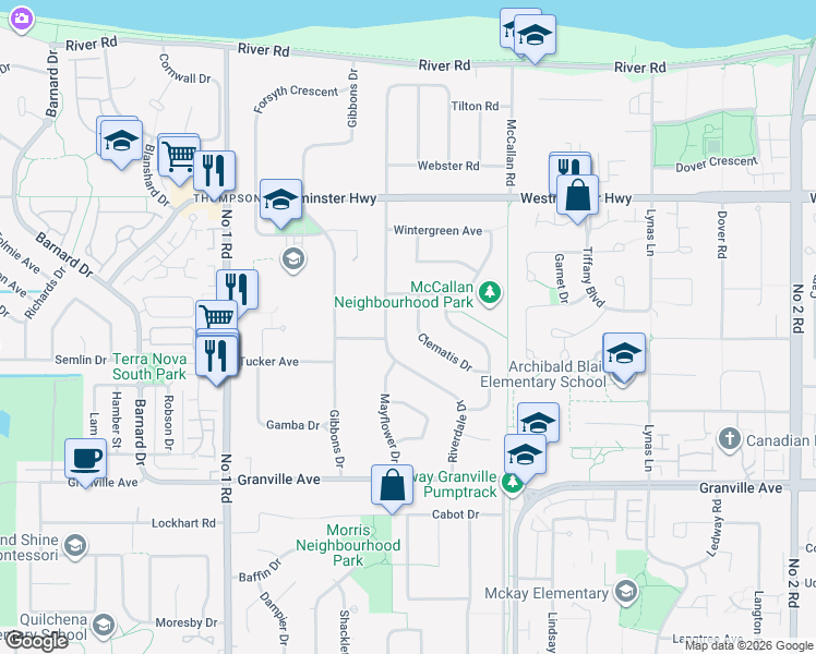 map of restaurants, bars, coffee shops, grocery stores, and more near 6371 Clematis Drive in Richmond