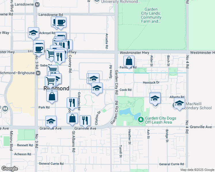 map of restaurants, bars, coffee shops, grocery stores, and more near 8771 Cook Road in Richmond