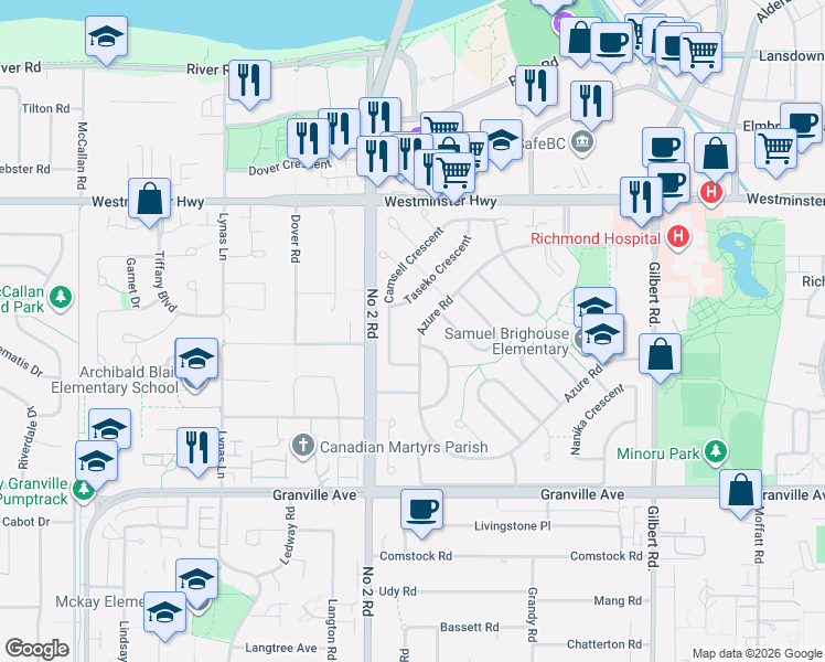 map of restaurants, bars, coffee shops, grocery stores, and more near 6240 Camsell Crescent in Richmond