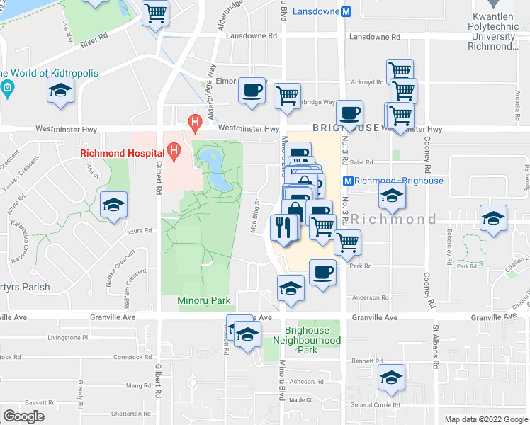 map of restaurants, bars, coffee shops, grocery stores, and more near 214-6451 Minoru Boulevard in Richmond