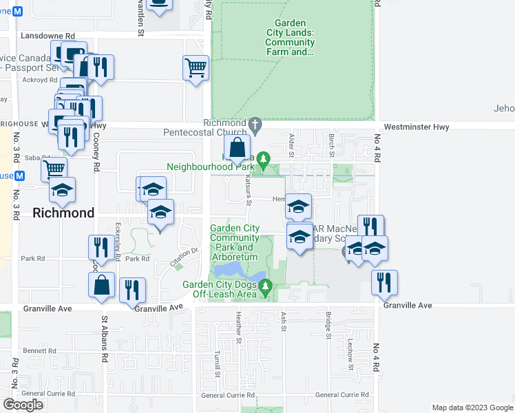map of restaurants, bars, coffee shops, grocery stores, and more near 9300 Hemlock Drive in Richmond