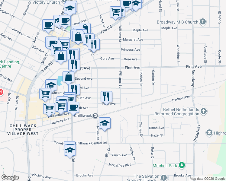 map of restaurants, bars, coffee shops, grocery stores, and more near 46184 Third Avenue in Chilliwack
